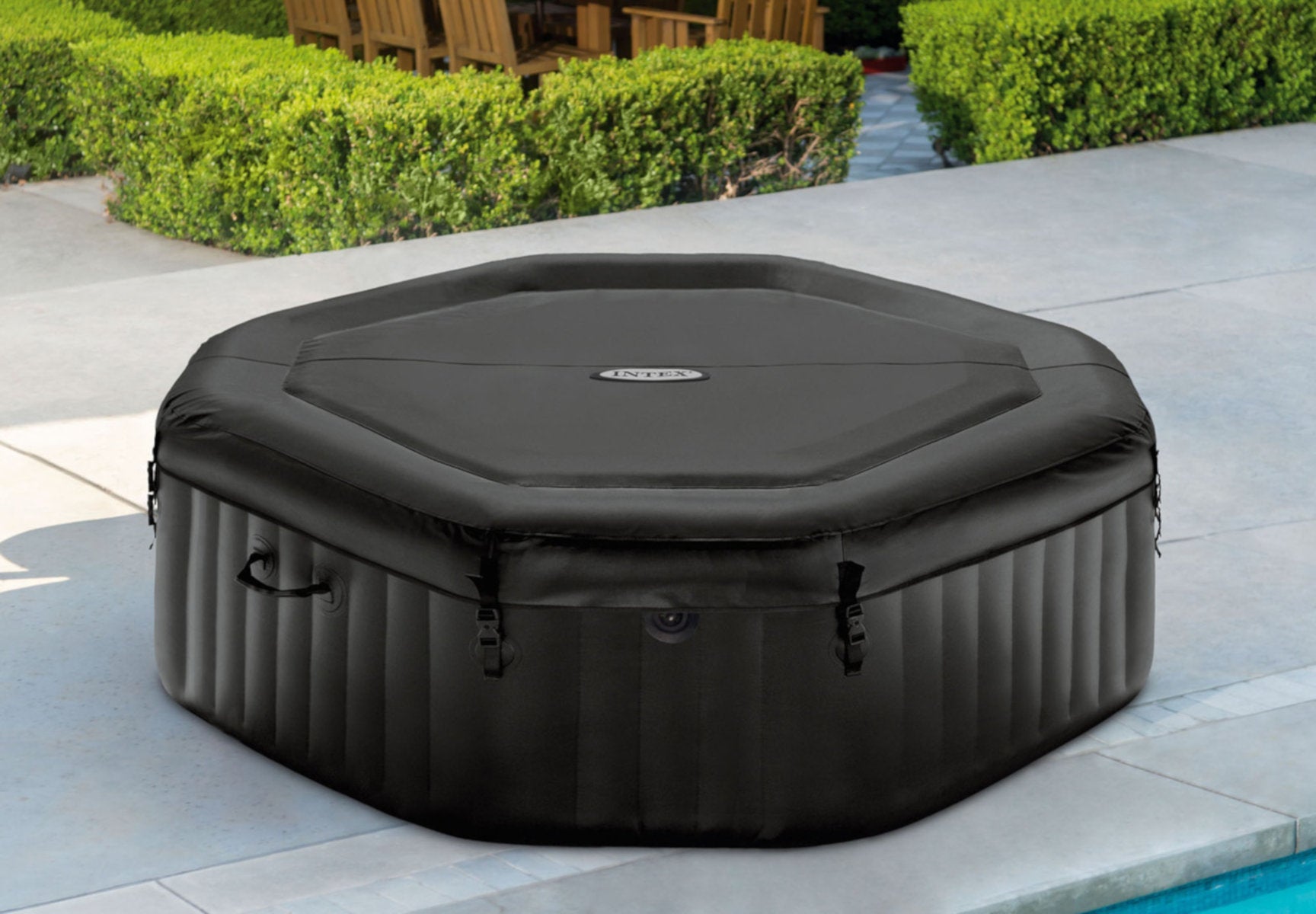 Intex Whirlpool PureSPA Jet + Bubble Deluxe octagon 218/168x71 cm + Kunststoffsitz & Dosierspender - Poolpirat