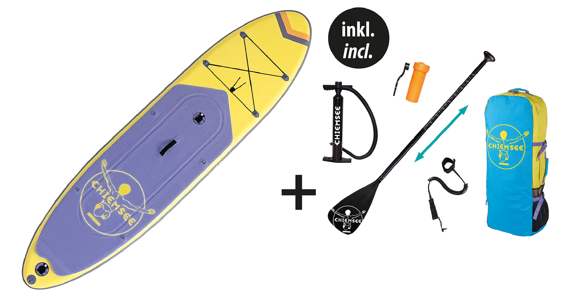 Chiemsee SUP-Set inkl. Board, Paddel, Pumpe, Leash & Rucksack (gelb/lila)