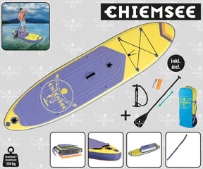 Chiemsee SUP-Set inkl. Board, Paddel, Pumpe, Leash & Rucksack (gelb/lila)