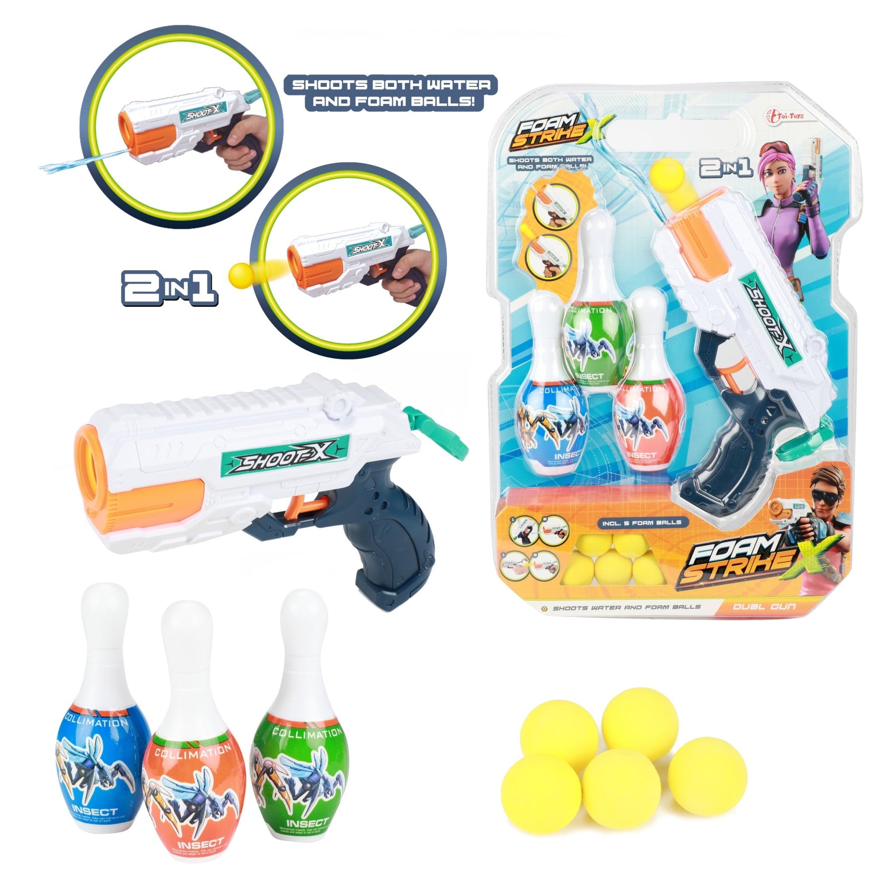 Toi-Toys FOAM STRIKE X Set - Wasserpistole mit 5 Bällen und 3 Kegeln - Poolpirat