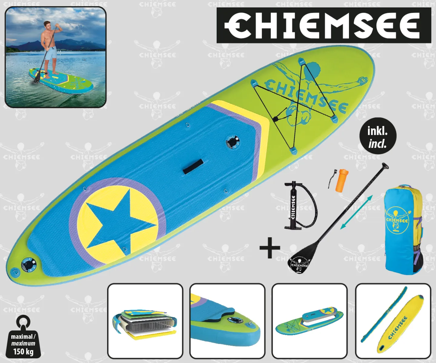Chiemsee SUP-Set inkl. Board, Paddel, Pumpe, Leash & Rucksack (grün/blau)