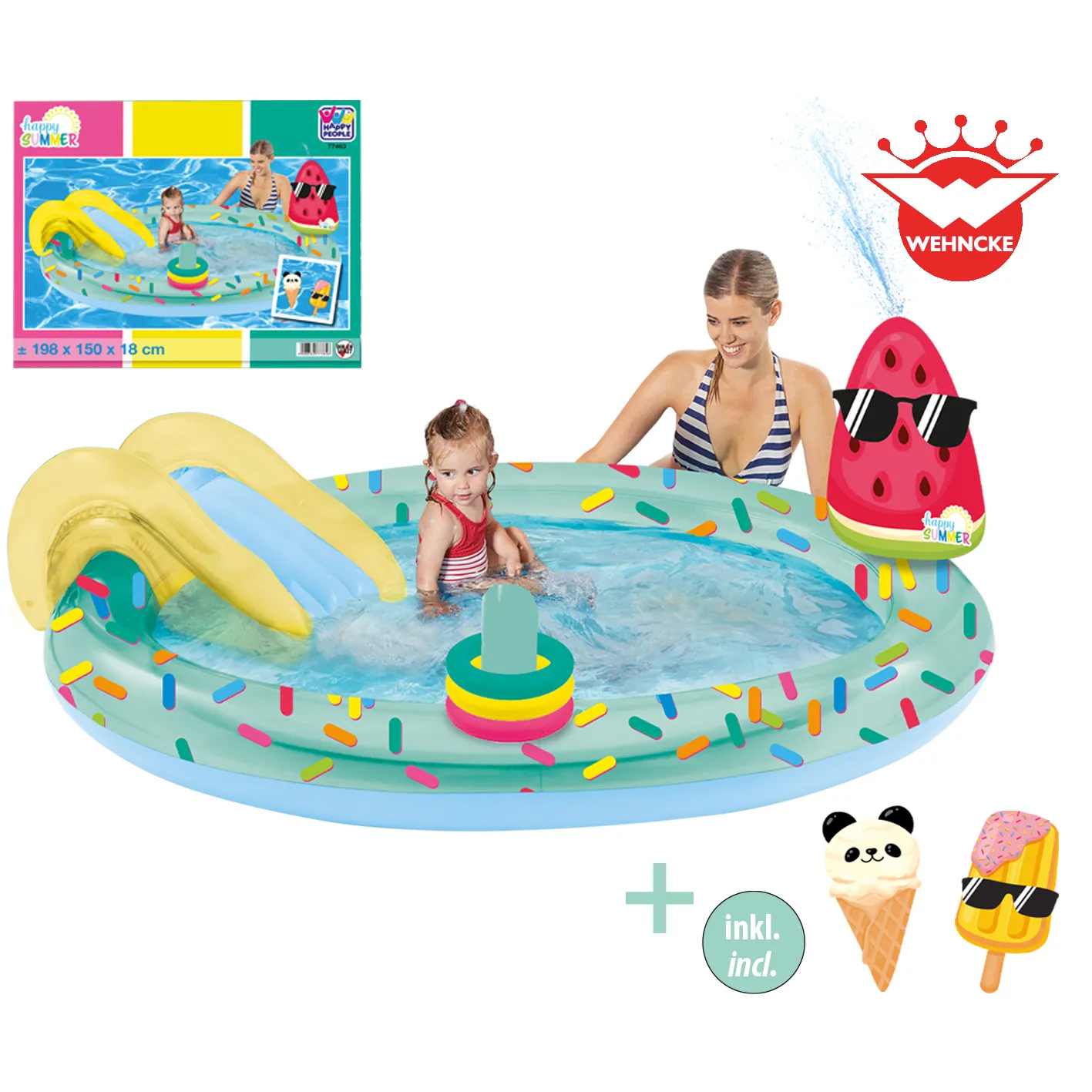Happy People - Planschbecken - Spielcenter Eis mit Rutsche und Sprinkler 198x150 x18cm
