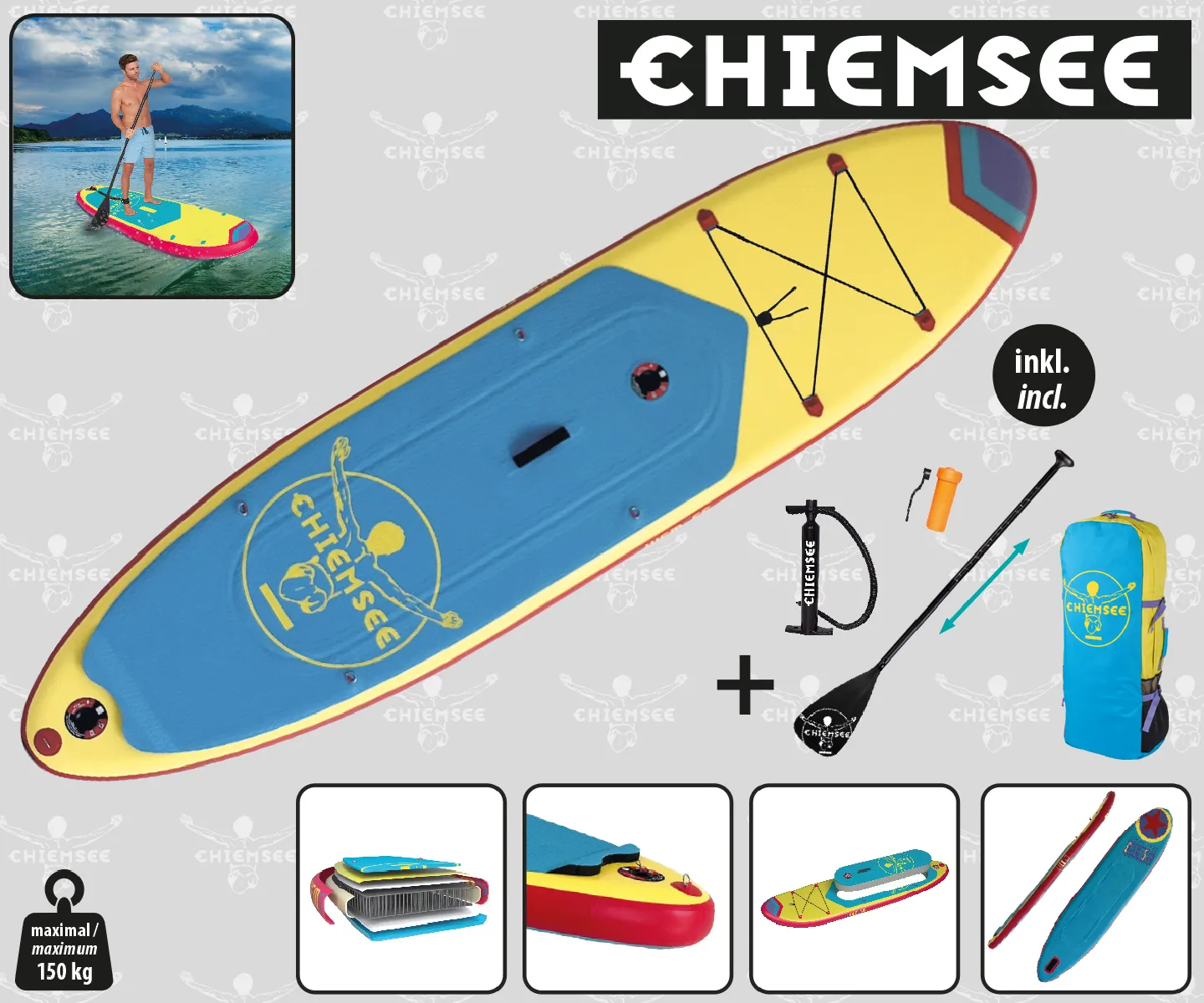 Chiemsee SUP-Set inkl. Board, Paddel, Pumpe, Leash & Rucksack (gelb/blau)