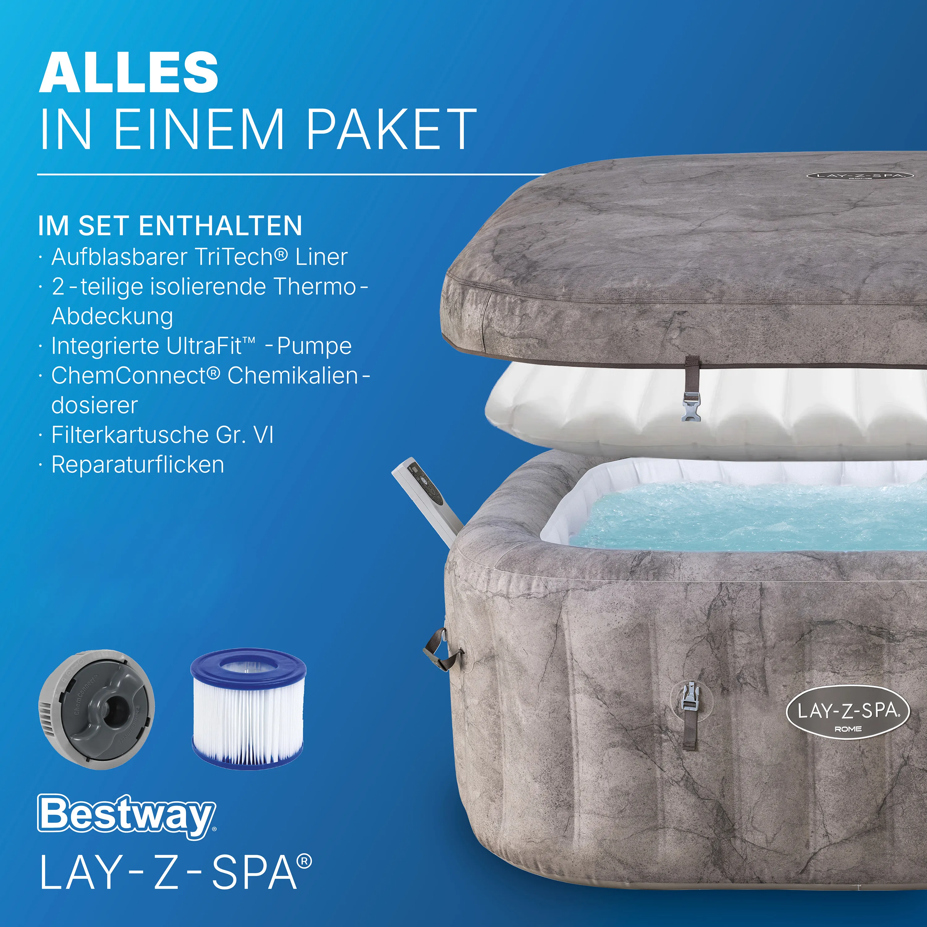 Bestway LAY-Z-SPA® Energiespar WLAN Whirlpool - Rome AirJet™ für 6 Personen, 180x180x71cm
