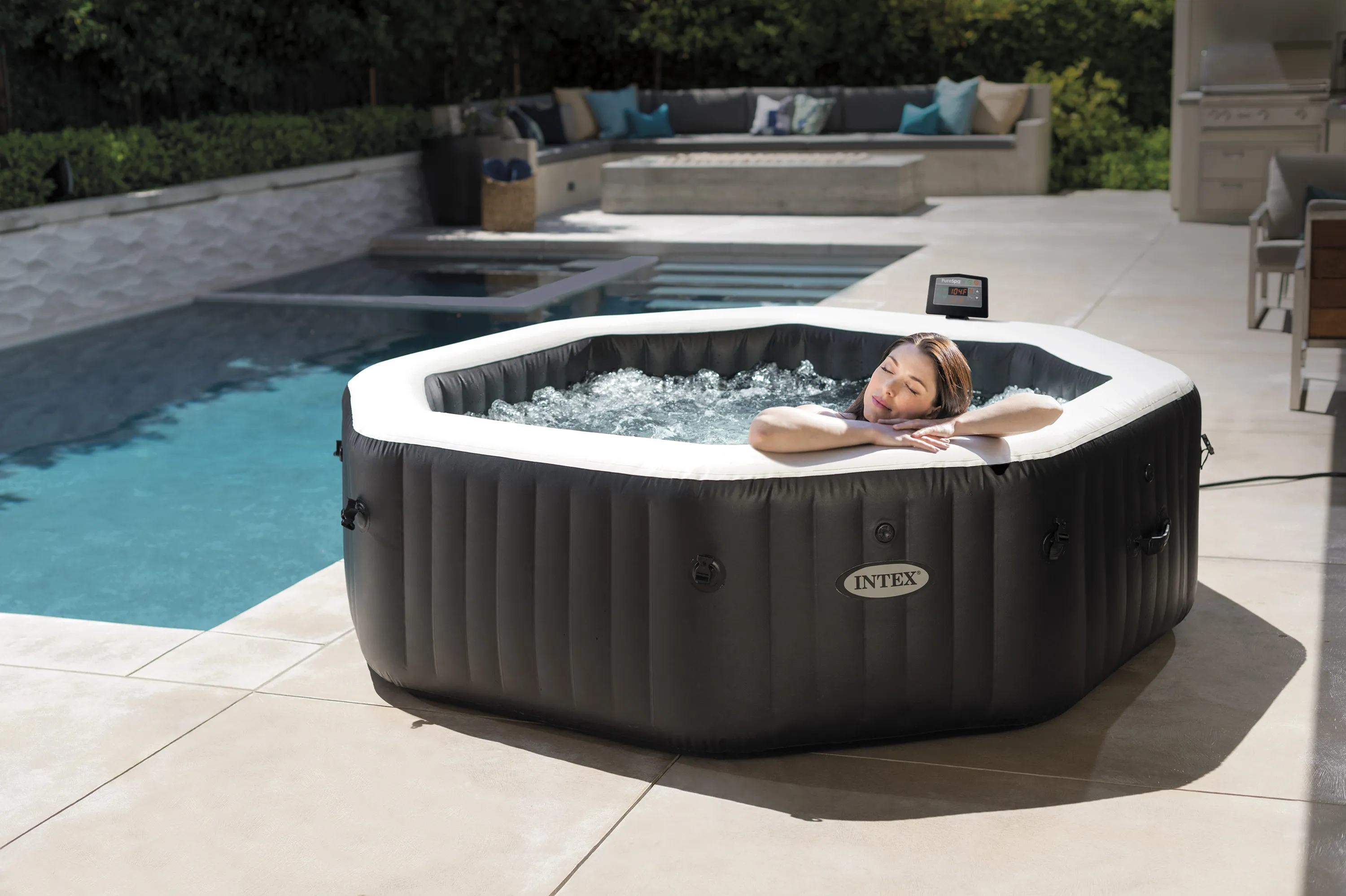 Intex Whirlpool PureSPA Jet + Bubble Deluxe octagon 218/168x71 cm + Kunststoffsitz & Dosierspender