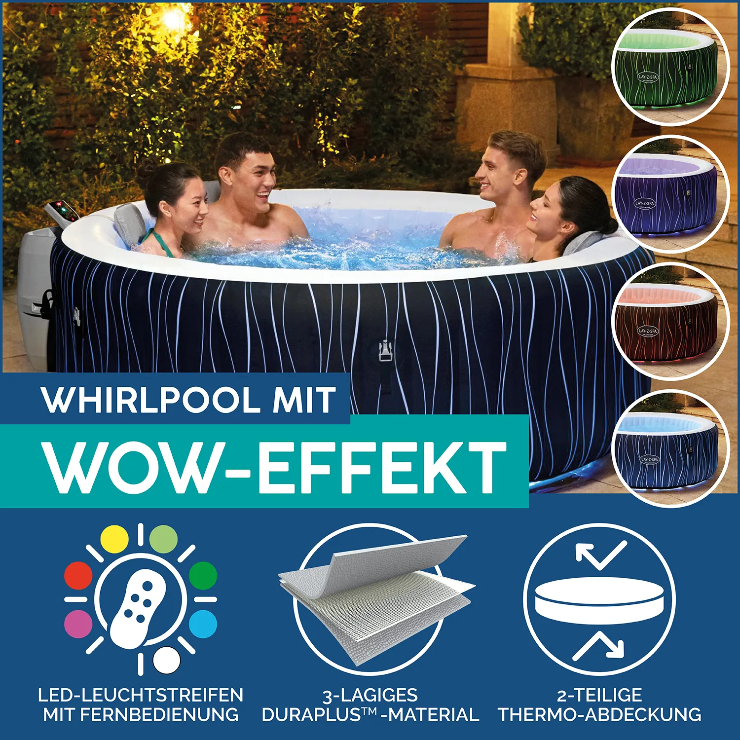 Bestway LAY-Z-SPA® LED-Whirlpool - Hollywood AirJet™ für 6 Personen, Ø 196x66cm