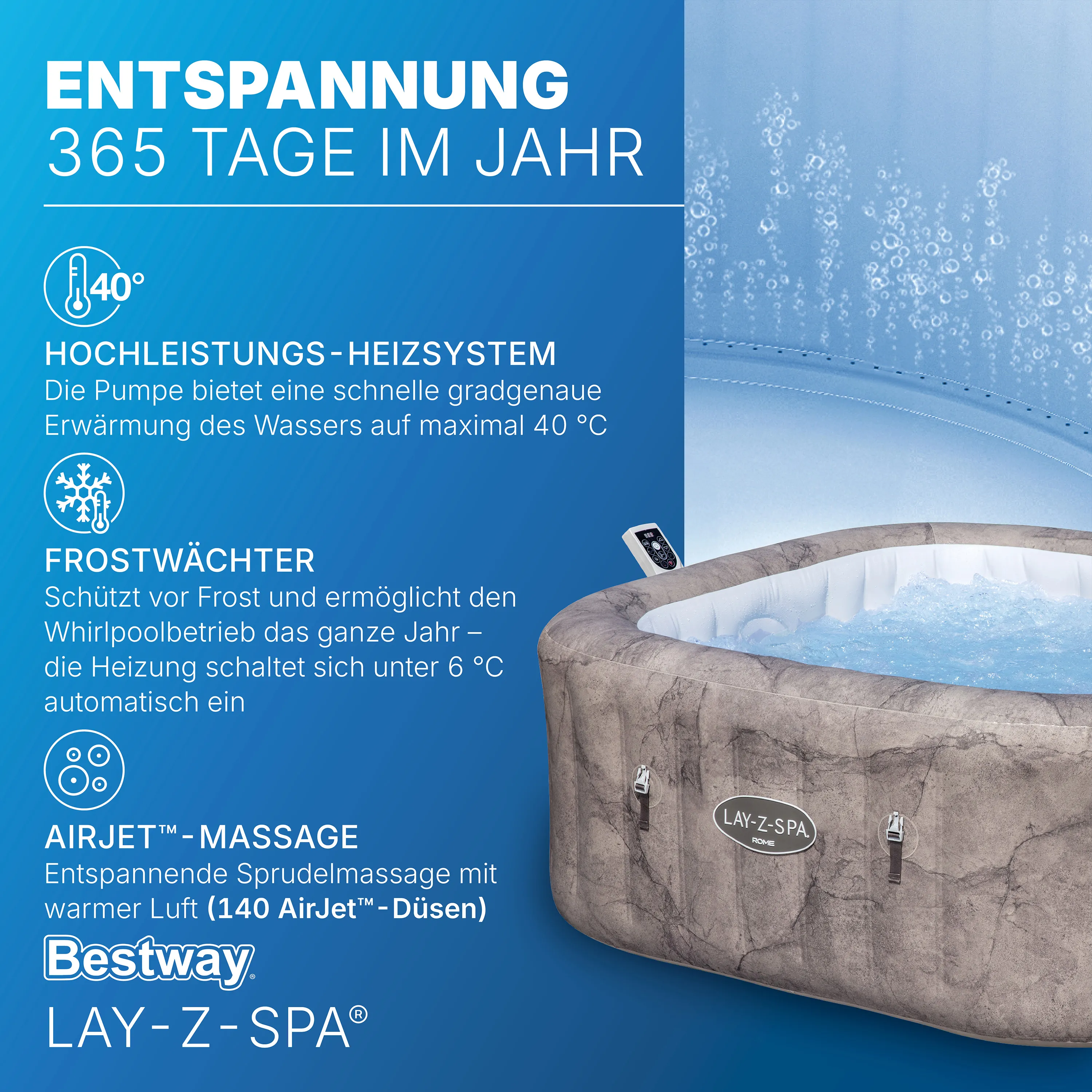 Bestway LAY-Z-SPA® Energiespar WLAN Whirlpool - Rome AirJet™ für 6 Personen, 180x180x71cm
