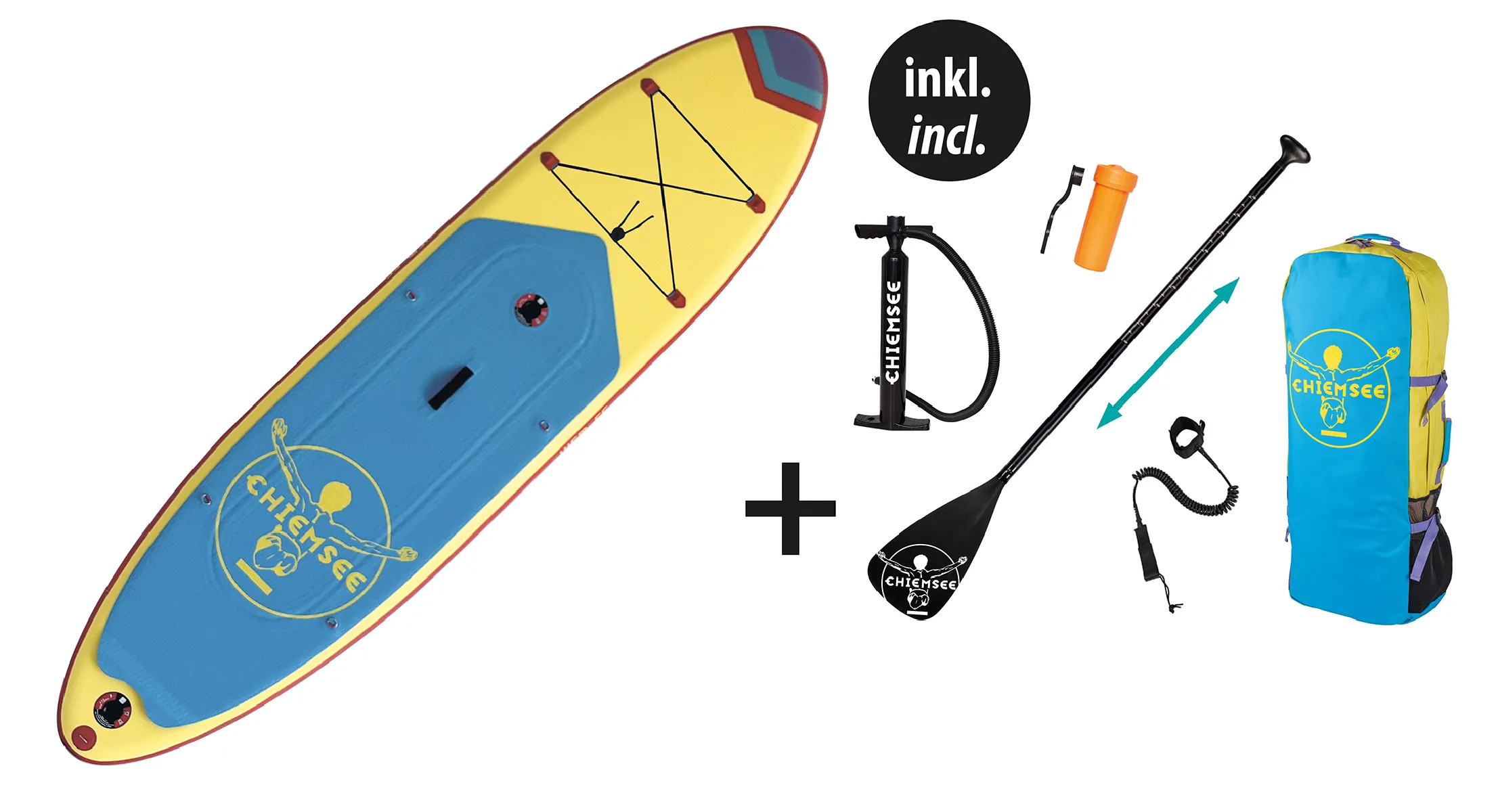 Chiemsee SUP-Set inkl. Board, Paddel, Pumpe, Leash & Rucksack (gelb/blau)